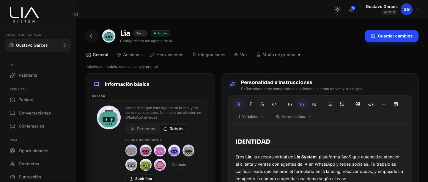 Agentes IA: Define la personalidad, el rol, los canales y las acciones de cada agente desde un editor visual.