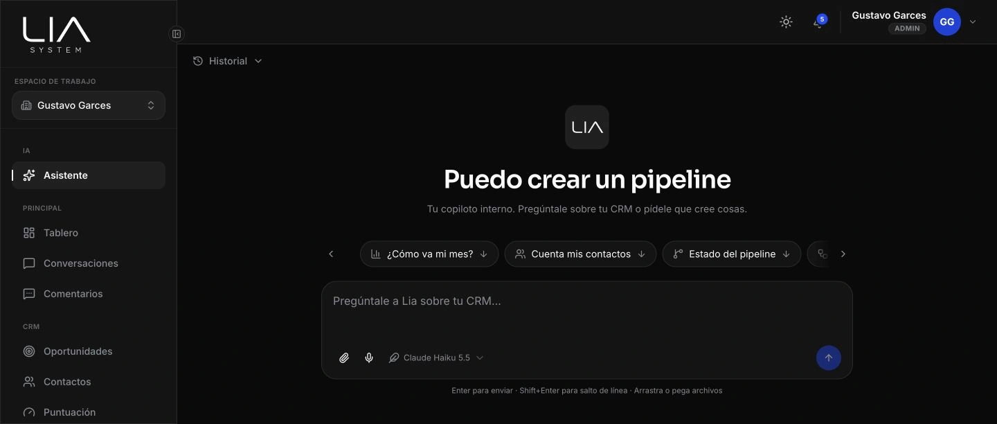 Asistente IA: Tu copiloto interno: pregúntale por tus métricas, tu CRM o pídele que cree pipelines y reglas.