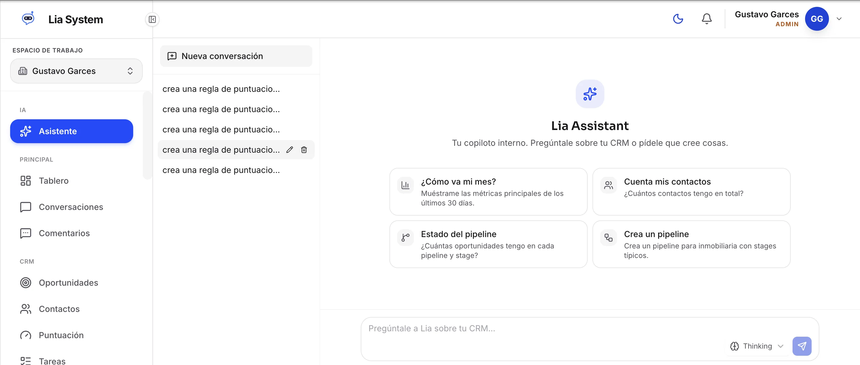 Asistente IA: Tu copiloto interno: pregúntale por tus métricas, tu CRM o pídele que cree pipelines y reglas.