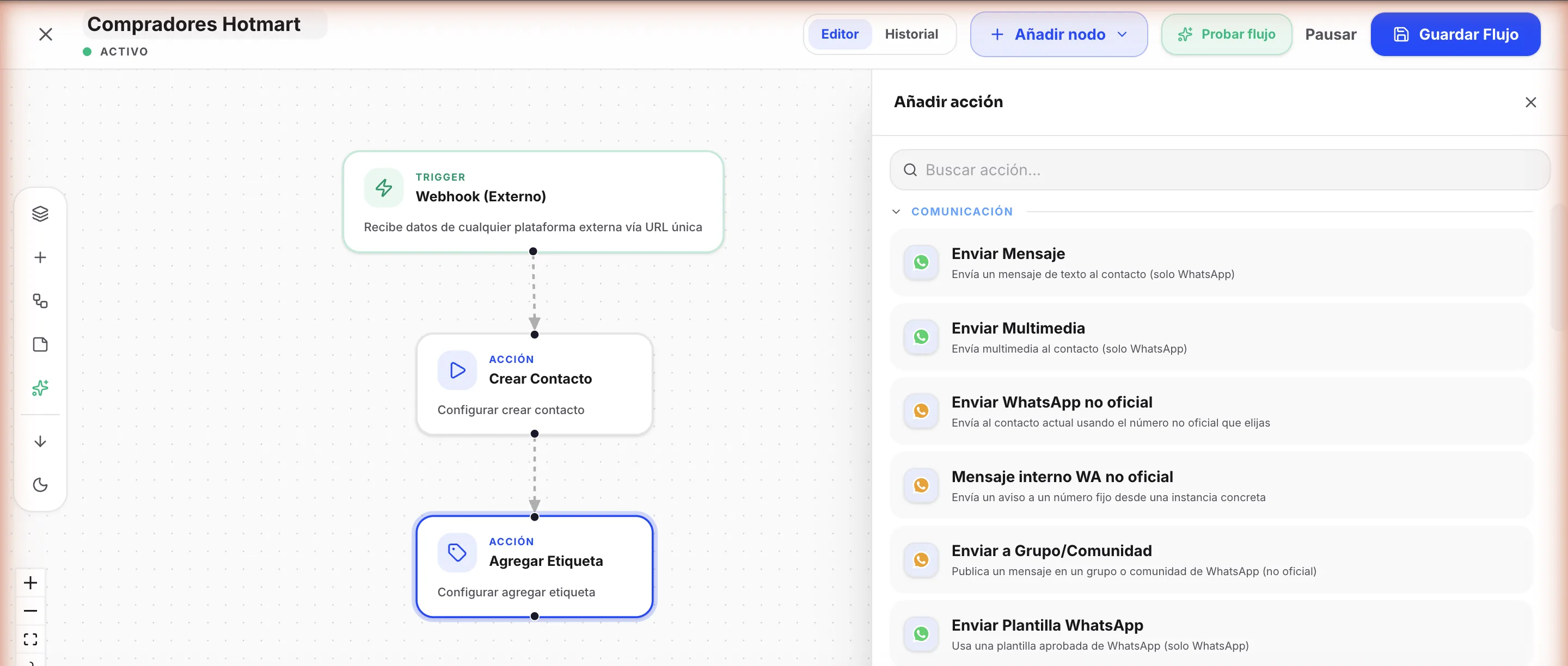 Automatizaciones: Flujos visuales con disparadores y acciones: crea contactos, etiqueta, envía mensajes y más, sin código.