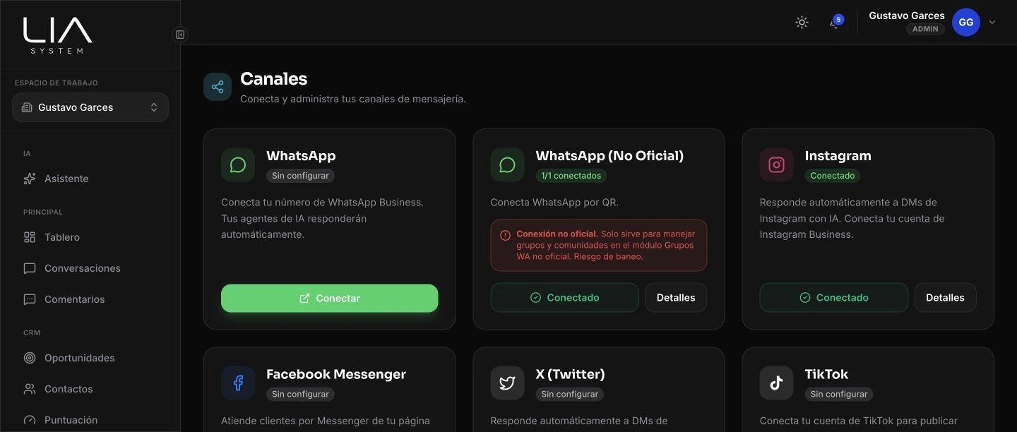 Canales: Conecta WhatsApp, Instagram, Facebook Messenger, TikTok y X en un par de clics.