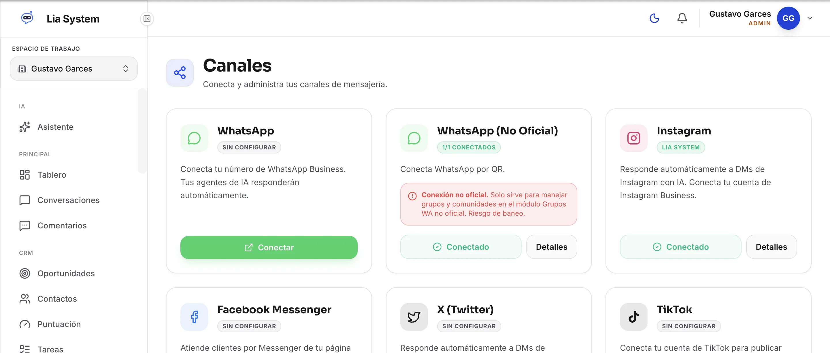 Canales: Conecta WhatsApp, Instagram, Facebook Messenger, TikTok y X en un par de clics.