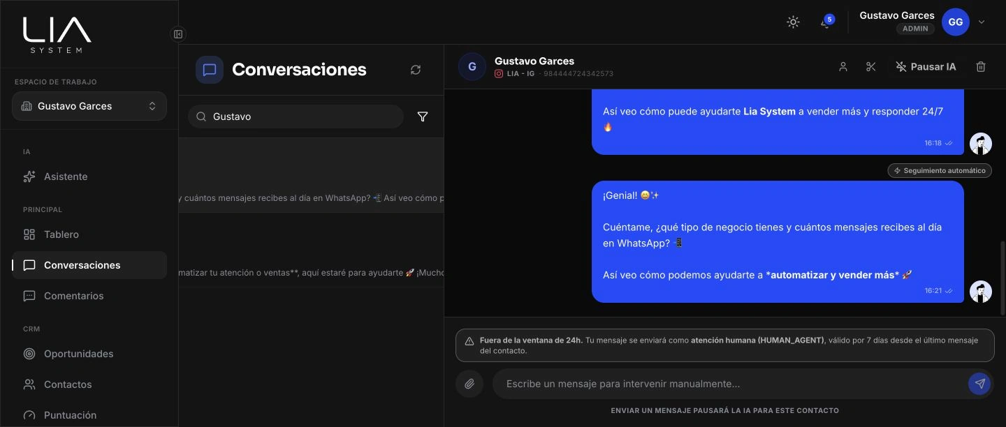 Conversaciones: Bandeja unificada de WhatsApp, Instagram, Messenger y más, con la IA respondiendo y tu equipo interviniendo cuando quiera.