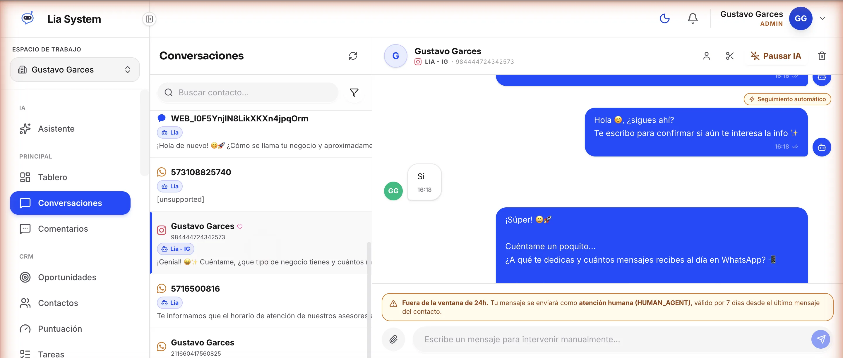 Conversaciones: Bandeja unificada de WhatsApp, Instagram, Messenger y más, con la IA respondiendo y tu equipo interviniendo cuando quiera.