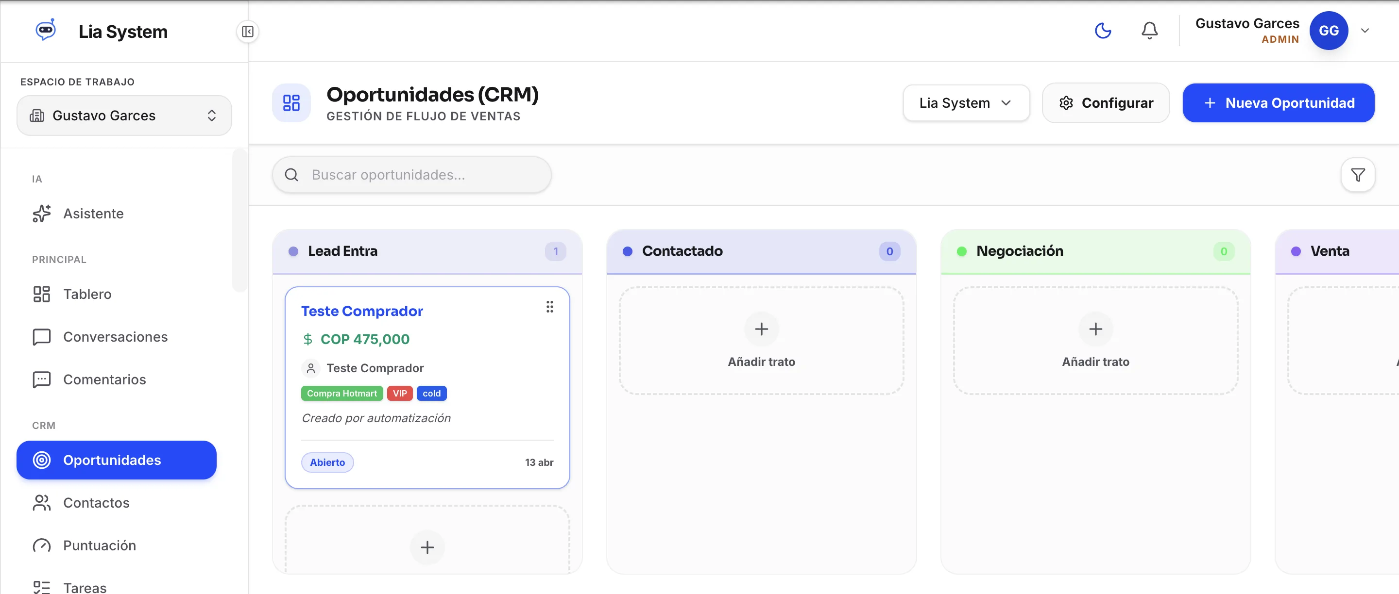 CRM: Pipelines de ventas con oportunidades que la IA crea y mueve por ti.